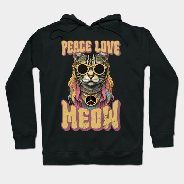 Peace Love Meow, Retro Groovy Style Hippie Cat Lover Design Hoodie by PugSwagClothing